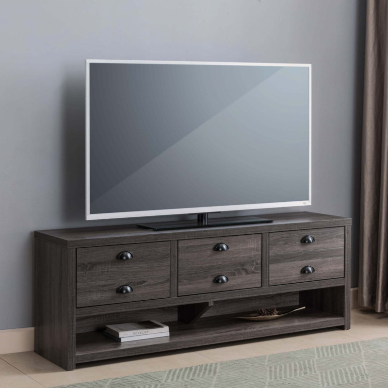 Gracie Oaks Modern Distressed Grey TV Stand With Three Drawers Open Shelf Stylish Storage Solution For Media Accessories Wayfair